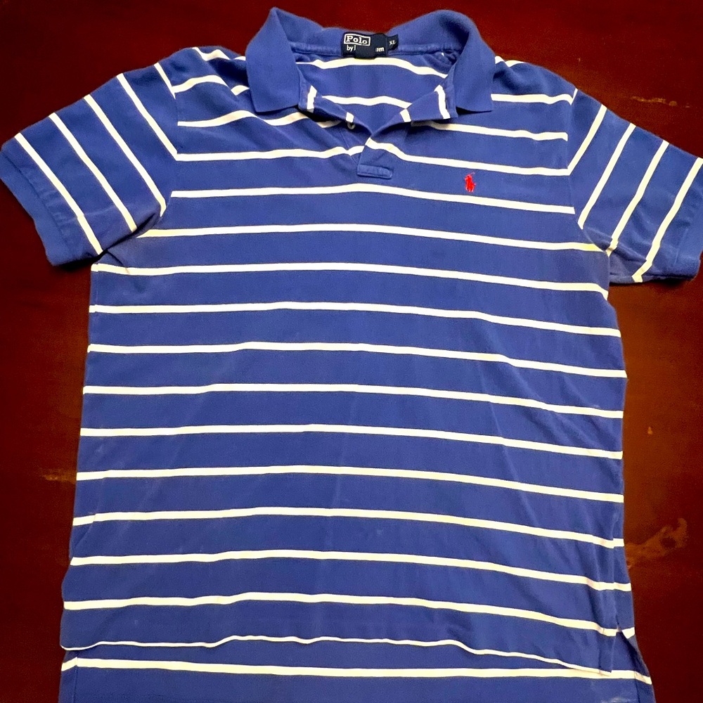 Blue and White Striped Polo Shirt